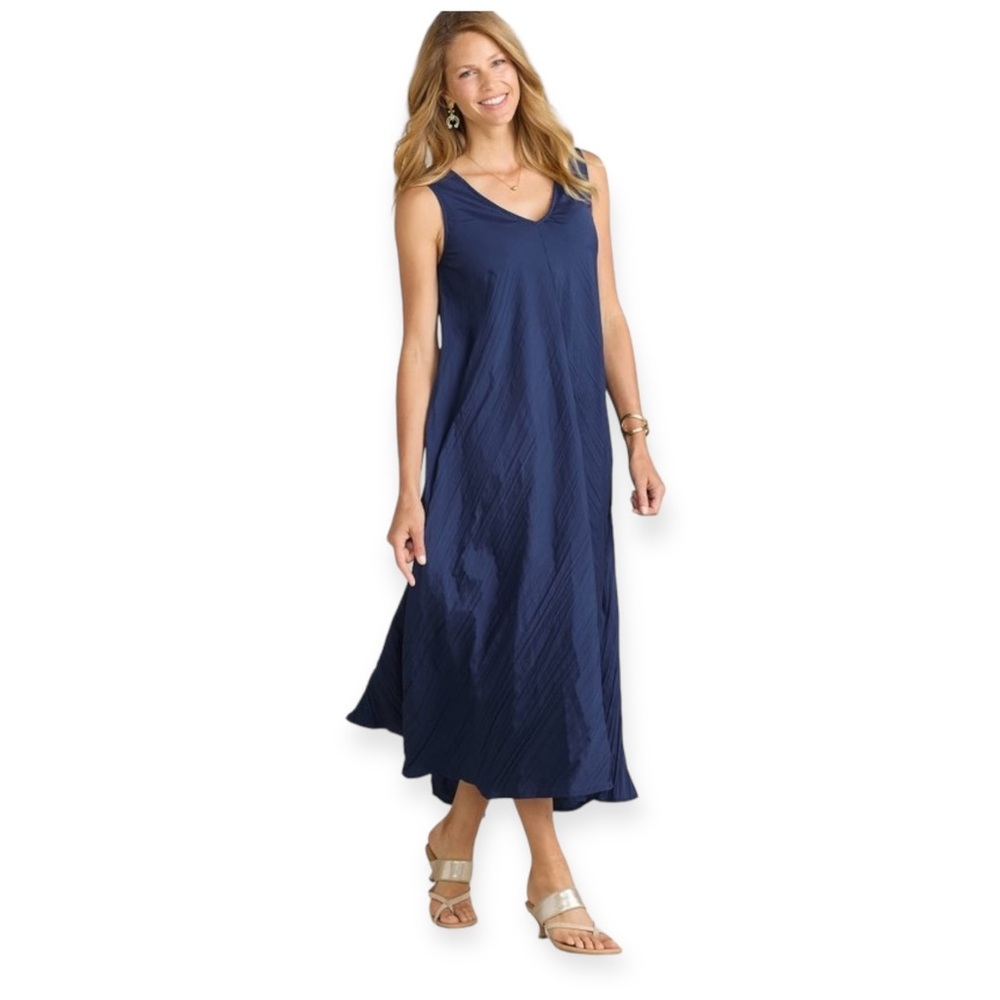 SOFT SURROUNDINGS “Mizu” Sleeveless Crinkle Maxi Dress in Midnight Navy
